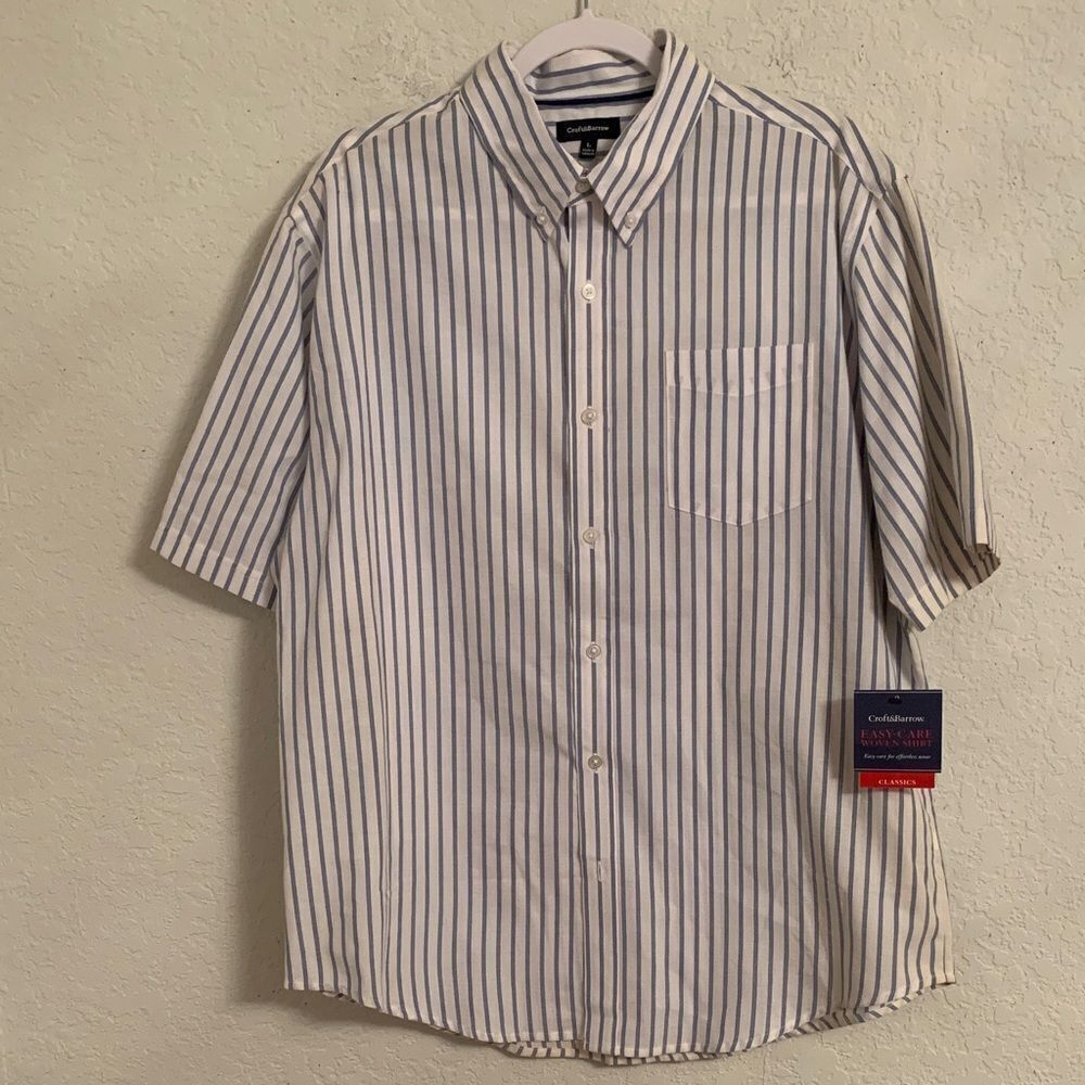 NWT Croft&Barrow Men's Classic White and Blue Striped Shirt Short Sleeve Size L